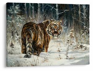 Slika - Tiger v zasneženem gozdu, oljna slika (70x50 cm)