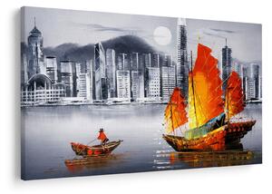 Slika - Victoria Harbor, Hong Kong, črno-bela oljna slika (90x60 cm)