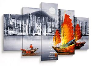 Slika - Victoria Harbor, Hong Kong, črno-bela oljna slika (150x105 cm)