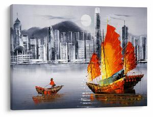 Slika - Victoria Harbor, Hong Kong, črno-bela oljna slika (70x50 cm)