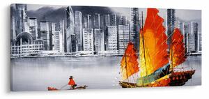 Slika - Victoria Harbor, Hong Kong, črno-bela oljna slika (120x50 cm)