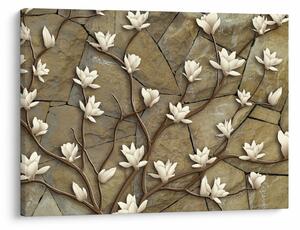 Slika - Bele magnolije na kamnitem zidu (70x50 cm)