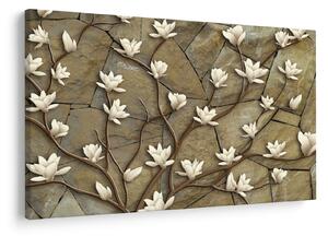 Slika - Bele magnolije na kamnitem zidu (90x60 cm)