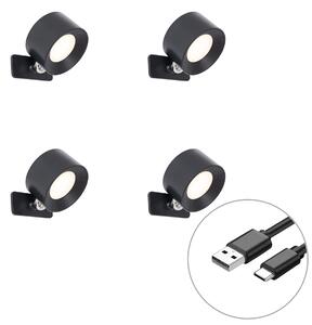 Set od 4 moderne crne zidne i stropne svjetiljke uklj. LED punjive - Bright