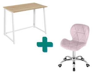 Set za ured – sklopivi radni stol ZARIMO 80×40 cm bijeli + uredska stolica AVOLA VELVET ružičasta