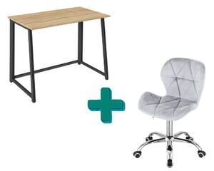 Set za ured – sklopivi radni stol ZARIMO 80×40 cm hrast sonoma + uredska stolica AVOLA VELVET svijetlosiva