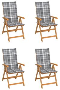 VidaXL Vrtne stolice sa sivim kariranim jastucima 4 kom od tikovine