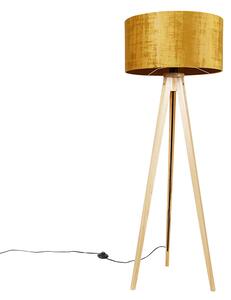 Drvena podna svjetiljka sa zlatnom nijansom tkanine 50 cm - stativ Classic