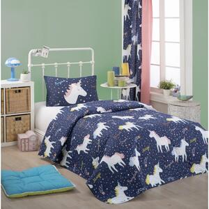 Eponj Home Magic Unicorn Set tamnoplavih pamučnih prekrivača i jastučnica, 160 x 220 cm