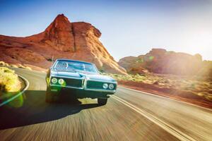 Ilustracija driving fast through desert in vintage hot rod car, Joshua Resnick