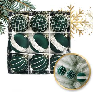 Kuglice za bor – set od 9 kom, od baršuna, 8 cm, zelene