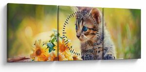 Slika mačića koji gleda cvijet (sa satom) (90x30 cm)