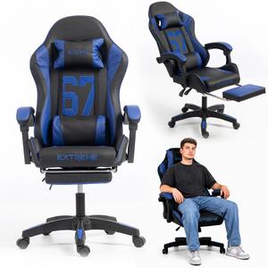 Gaming stolica – s naslonom za noge, eko koža, 110 cm, plava