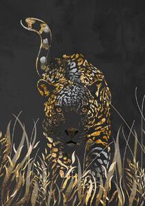 Ilustracija Black gold jaguar in grass, Sarah Manovski, (30 x 40 cm)