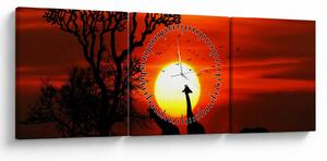 Slika - Siluete životinja pri zalasku sunca (sa satom) (90x30 cm)