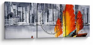 Slika - Victoria Harbor, Hong Kong, črno-bela oljna slika (sa satom) (90x30 cm)