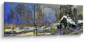 Slika koče v zimski pokrajini, oljna slika (sa satom) (90x30 cm)