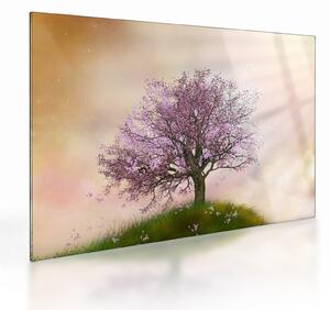 Staklena slika cvetočega drevesa na vrhu hriba (70x50 cm)