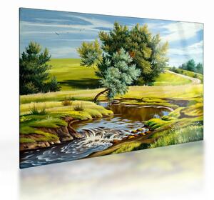 Staklena slika - Reka med travniki, oljna slika (70x50 cm)