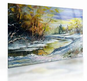Staklena slika zimske reke, oljna slika (70x50 cm)