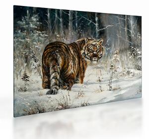 Staklena slika - Tiger v zasneženem gozdu, oljna slika (70x50 cm)