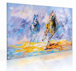 Staklena slika bežečih konjev, oljna slika (70x50 cm)
