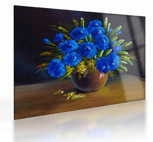 Staklena slika modrih rož v vazi (70x50 cm)