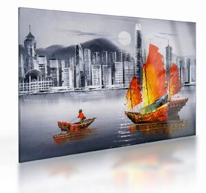 Staklena slika - Victoria Harbor, Hong Kong, črno-bela oljna slika (70x50 cm)