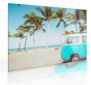 Staklena slika - Starodobni kombi na plaži (70x50 cm)