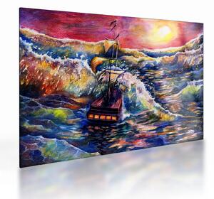 Staklena slika - Ladja na oceanskih valovih, akvarel (70x50 cm)
