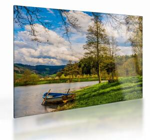 Staklena slika čamca uz jezero (70x50 cm)