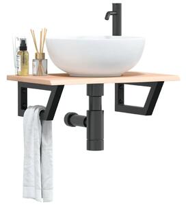 Zidna polica za Lavabo - Umivaonik od čelika i masivne hrastovine - Smeđa i crna 60 x 40 x 2 cm 1 Trapez