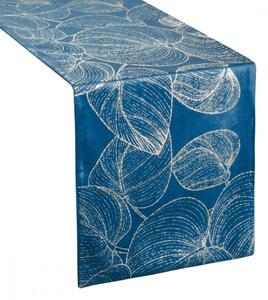 Baršunasti središnji stolnjak sa sjajnim plavim printom lišća Širina: 35 cm | Duljina: 140 cm