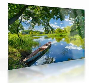 Staklena slika ljetne rijeke s brodicom (70x50 cm)
