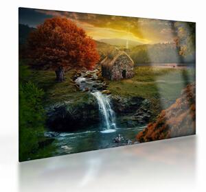Staklena slika kućice u bajkovitom krajoliku (70x50 cm)
