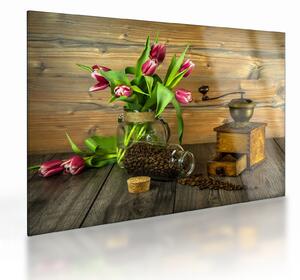 Staklena slika - tulipani, mlinac i kava (70x50 cm)