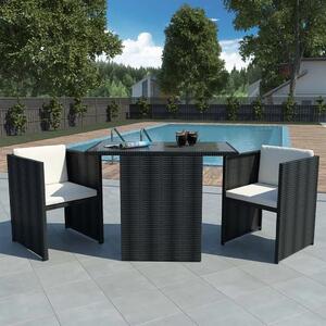 3-dijelni bistro set od poliratana s jastucima crni - Crna 3 Crna