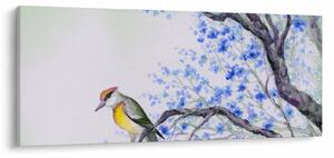 Slika - Ptica na drevesu z modrimi cvetovi (120x50 cm)