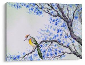 Slika - Ptica na drevesu z modrimi cvetovi (70x50 cm)