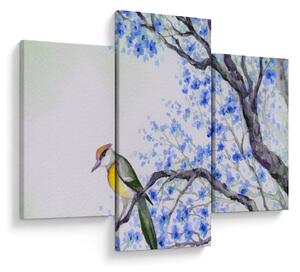 Slika - Ptica na drevesu z modrimi cvetovi (90x60 cm)