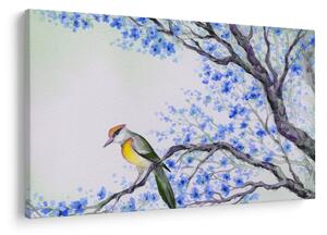 Slika - Ptica na drevesu z modrimi cvetovi (90x60 cm)