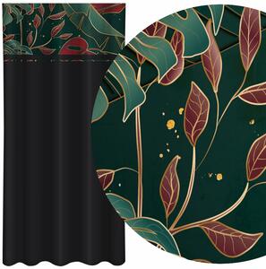 Klasična crna zavjesa s printom zelenih i bordo listova Širina: 160 cm | Duljina: 250 cm