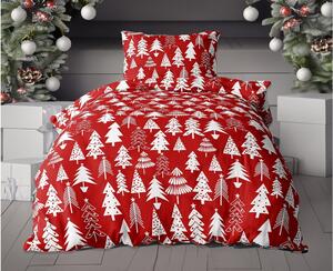2x posteljina od flanela CHRISTMAS TREES crvena + plahta od mikropliša SOFT 180x200 cm bijela