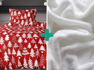 2x posteljina od flanela CHRISTMAS TREES crvena + plahta od mikropliša SOFT 180x200 cm bijela