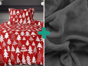 Posteljina od flanela CHRISTMAS TREES crvena + plahta od mikropliša SOFT 90x200 cm tamno siva