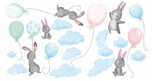 Plava dječja zidna naljepnica Leteći zečići s balonima 80 x 160 cm