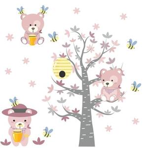 Prekrasna dječja zidna naljepnica s ružičastim medvjedićima i pčelama 80 x 160 cm