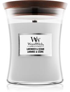 Woodwick Lavender & Cedar mirisna svijeća s drvenim fitiljem 275 g