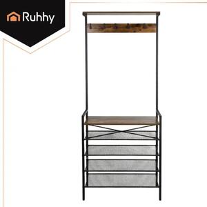 Ruhhy 27038 stalak za cipele 79 cm – metalni organizer s drvenim policama (3 razine, loft dizajn)