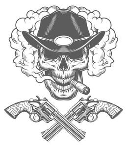 Ilustracija Skull smoking cigar in sheriff hat, dgim-studio